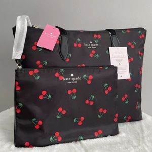 New Kate Spade Mel Packable Tote Little Better Nylon + Wristlet Tossed Cherry